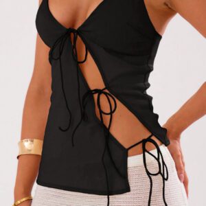 MUSERA Top Cami noir à nœud devant en satin pour sortir, Top sexy pour femmes