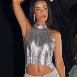 SHEIN BAE Débardeur hauter sexy avec détails de sequins en plaque d'aluminium argentée métallique, convient pour les vacances de printemps/été, les soirées, les rassemblements de célibataires, les rendez-vous, les festivals de musique, les concerts, les boîtes de nuit