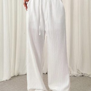 SHEIN EZwear Pantalon décontracté unicolore à plis et nœud avant pour femmes, simple et polyvalent