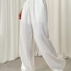SHEIN EZwear Pantalon décontracté unicolore à plis et nœud avant pour femmes, simple et polyvalent