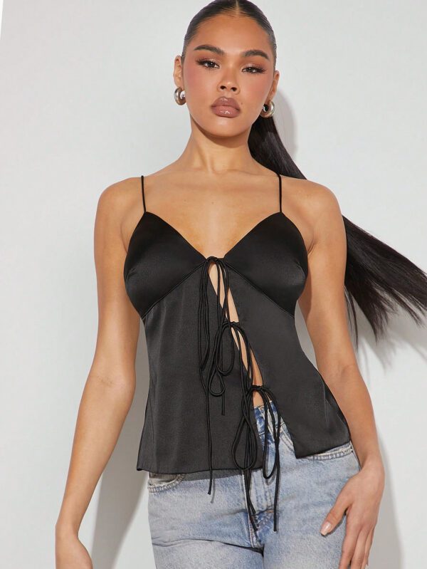 Denimoi Femmes Automne Bordeaux Satin Noeud Papillon Dos Nu Bretelle Spaghetti Parti Sexy & Élégant Bustier Débardeur, Vêtements de Noël pour Femmes, Tenues de Noël, Réveillon du Nouvel An – Image 2
