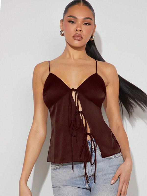 Denimoi Femmes Automne Bordeaux Satin Noeud Papillon Dos Nu Bretelle Spaghetti Parti Sexy & Élégant Bustier Débardeur, Vêtements de Noël pour Femmes, Tenues de Noël, Réveillon du Nouvel An – Image 3