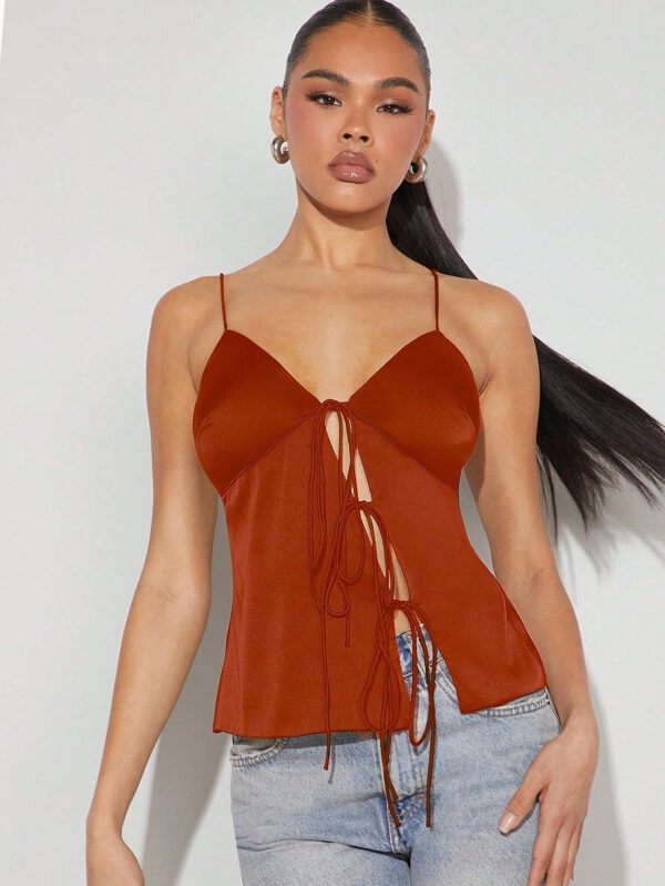 Denimoi Femmes Automne Bordeaux Satin Noeud Papillon Dos Nu Bretelle Spaghetti Parti Sexy & Élégant Bustier Débardeur, Vêtements de Noël pour Femmes, Tenues de Noël, Réveillon du Nouvel An – Image 11