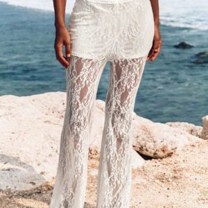 Opulessa Pantalon de vacances évasé en dentelle à taille haute pour femmes