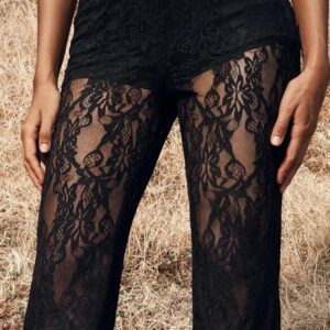 Opulessa Pantalon de vacances évasé en dentelle à taille haute pour femmes