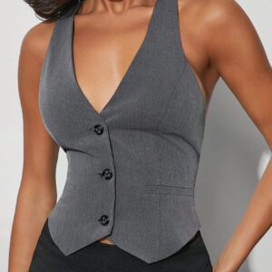 SHEIN Haute Top court à boutons devant de couleur unie sexy, avec design dos nu et encolure batea