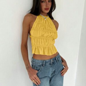 Aloruh Top crop pour sortie avec cou ras-du-cou, attache réglable devant, froncé en couches semi-transparent, romantique pour soirée de rendez-vous pour femmes