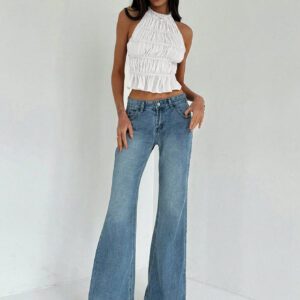 Aloruh Top crop pour sortie avec cou ras-du-cou, attache réglable devant, froncé en couches semi-transparent, romantique pour soirée de rendez-vous pour femmes
