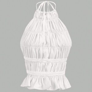Aloruh Top crop pour sortie avec cou ras-du-cou, attache réglable devant, froncé en couches semi-transparent, romantique pour soirée de rendez-vous pour femmes