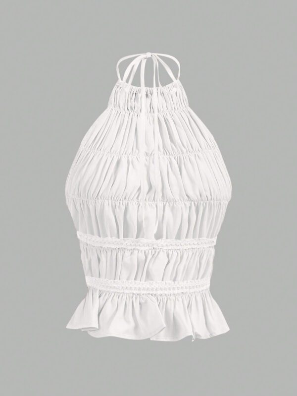 Aloruh Top crop pour sortie avec cou ras-du-cou, attache réglable devant, froncé en couches semi-transparent, romantique pour soirée de rendez-vous pour femmes – Image 5