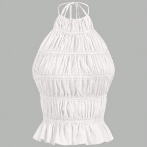 Aloruh Top crop pour sortie avec cou ras-du-cou, attache réglable devant, froncé en couches semi-transparent, romantique pour soirée de rendez-vous pour femmes