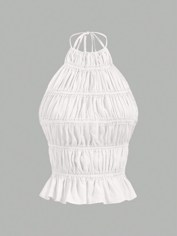 Aloruh Top crop pour sortie avec cou ras-du-cou, attache réglable devant, froncé en couches semi-transparent, romantique pour soirée de rendez-vous pour femmes – Image 6