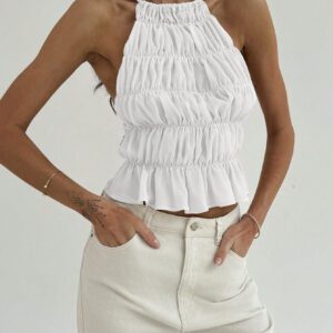 Aloruh Top crop pour sortie avec cou ras-du-cou, attache réglable devant, froncé en couches semi-transparent, romantique pour soirée de rendez-vous pour femmes