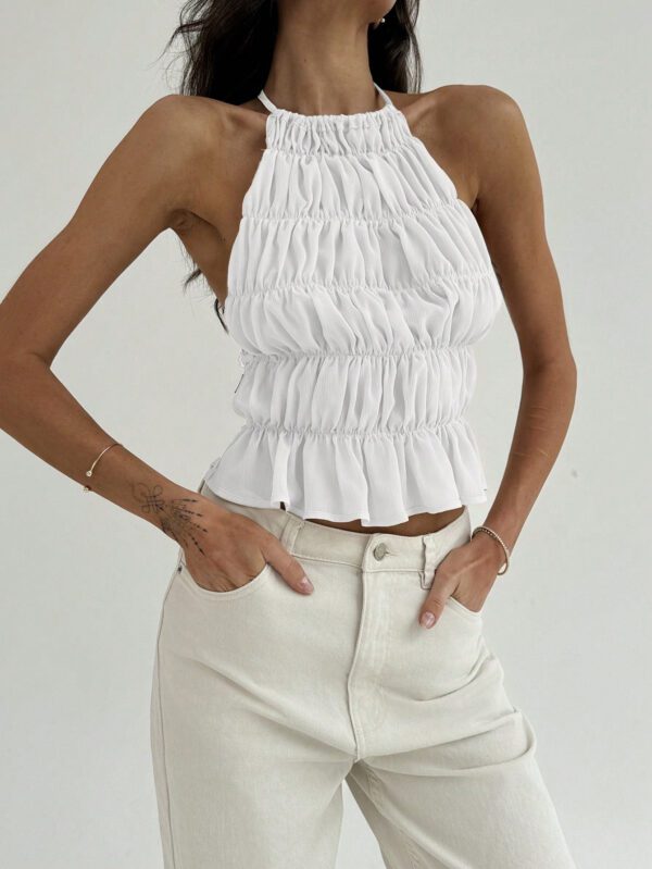 Aloruh Top crop pour sortie avec cou ras-du-cou, attache réglable devant, froncé en couches semi-transparent, romantique pour soirée de rendez-vous pour femmes – Image 7