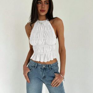 Aloruh Top crop pour sortie avec cou ras-du-cou, attache réglable devant, froncé en couches semi-transparent, romantique pour soirée de rendez-vous pour femmes