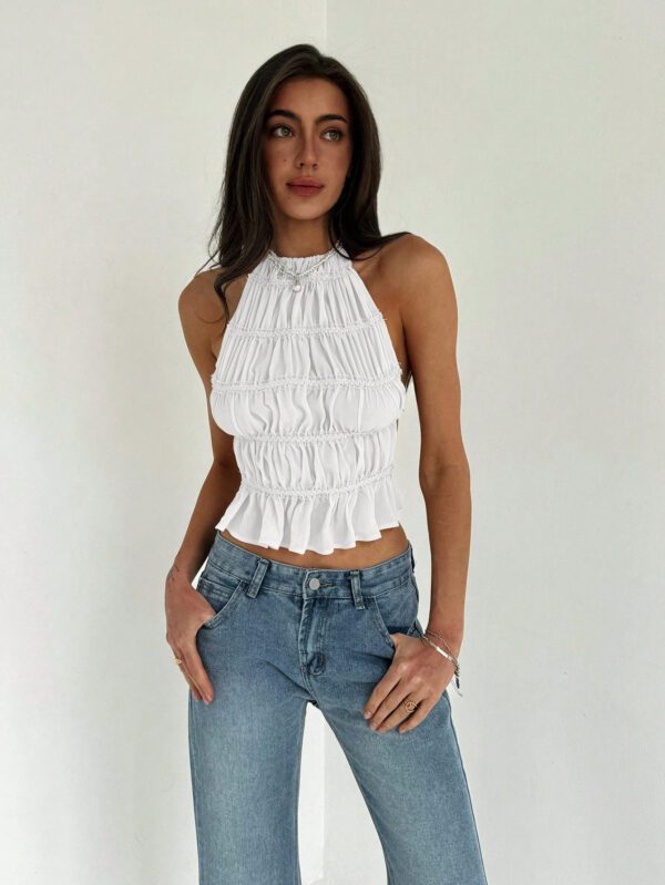 Aloruh Top crop pour sortie avec cou ras-du-cou, attache réglable devant, froncé en couches semi-transparent, romantique pour soirée de rendez-vous pour femmes – Image 8