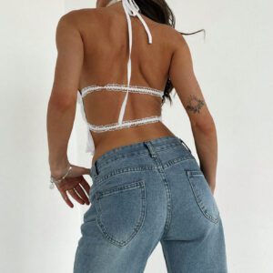 Aloruh Top crop pour sortie avec cou ras-du-cou, attache réglable devant, froncé en couches semi-transparent, romantique pour soirée de rendez-vous pour femmes