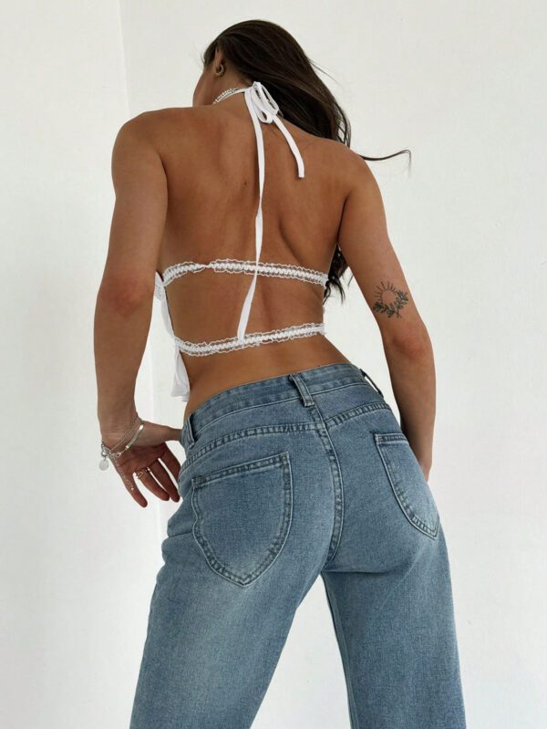 Aloruh Top crop pour sortie avec cou ras-du-cou, attache réglable devant, froncé en couches semi-transparent, romantique pour soirée de rendez-vous pour femmes – Image 9