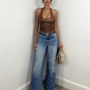 SHEIN BAE Débardeur simple à encolure ras-du-cou uni pour femmes, vêtements décontractés de tous les jours pour l'automne, vêtements en PU élastique pour femmes à l'automne, hauts d'automne pour femmes, vêtements d'hiver pour femmes