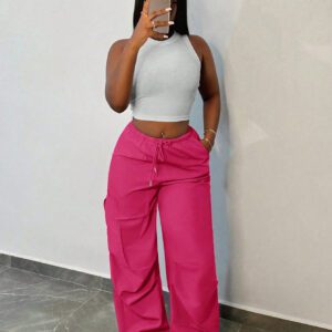 SHEIN Slayr Pantalon cargo ample pour femmes, pantalon de jogging ample à taille ajustable avec cordon, coupe droite
