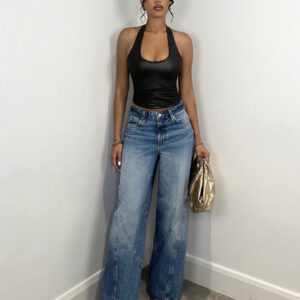 SHEIN BAE Débardeur simple à encolure ras-du-cou uni pour femmes, vêtements décontractés de tous les jours pour l'automne, vêtements en PU élastique pour femmes à l'automne, hauts d'automne pour femmes, vêtements d'hiver pour femmes