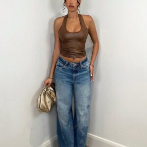 SHEIN BAE Débardeur simple à encolure ras-du-cou uni pour femmes, vêtements décontractés de tous les jours pour l'automne, vêtements en PU élastique pour femmes à l'automne, hauts d'automne pour femmes, vêtements d'hiver pour femmes