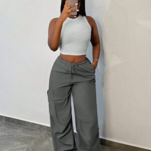 SHEIN Slayr Pantalon cargo ample pour femmes, pantalon de jogging ample à taille ajustable avec cordon, coupe droite