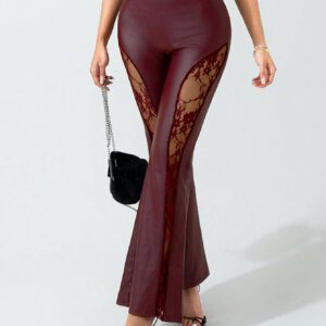 SHEIN Allurite Pantalon évasé à taille haute pour femmes avec insert en dentelle transparente
