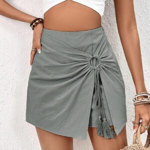SHEIN Frenchy Mini Jupe-short Asymétrique Avec Volant, Et Nœud Papillon Attaché Par Un Anneau Avec Franges Décoratives