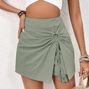 SHEIN Frenchy Mini Jupe-short Asymétrique Avec Volant, Et Nœud Papillon Attaché Par Un Anneau Avec Franges Décoratives