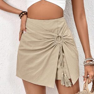SHEIN Frenchy Mini Jupe-short Asymétrique Avec Volant, Et Nœud Papillon Attaché Par Un Anneau Avec Franges Décoratives