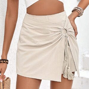 SHEIN Frenchy Mini Jupe-short Asymétrique Avec Volant, Et Nœud Papillon Attaché Par Un Anneau Avec Franges Décoratives