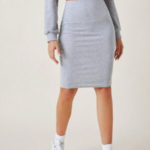 SHEIN BASICS Jupe crayon moulant taille haute unie décontractée