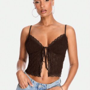 SHEIN BAE Top court transparent sexy avec nœud papillon, débardeur sans manches d'été pour femmes. Tenue de festival rave, de pays et de concert