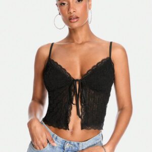 SHEIN BAE Top court transparent sexy avec nœud papillon, débardeur sans manches d'été pour femmes. Tenue de festival rave, de pays et de concert