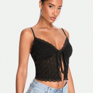 SHEIN BAE Top court transparent sexy avec nœud papillon, débardeur sans manches d'été pour femmes. Tenue de festival rave, de pays et de concert