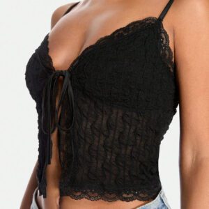SHEIN BAE Top court transparent sexy avec nœud papillon, débardeur sans manches d'été pour femmes. Tenue de festival rave, de pays et de concert