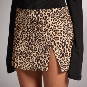SHEIN BAE Jupe mini fendue sexy et simple à imprimé léopard brun polyvalente et pour femmes