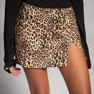 SHEIN BAE Jupe mini fendue sexy et simple à imprimé léopard brun polyvalente et pour femmes