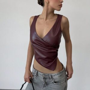 Aloruh Débardeur en PU rouge vin à taille asymétrique profond et sexy pour festival de musique et Noël, pour jeunes femmes