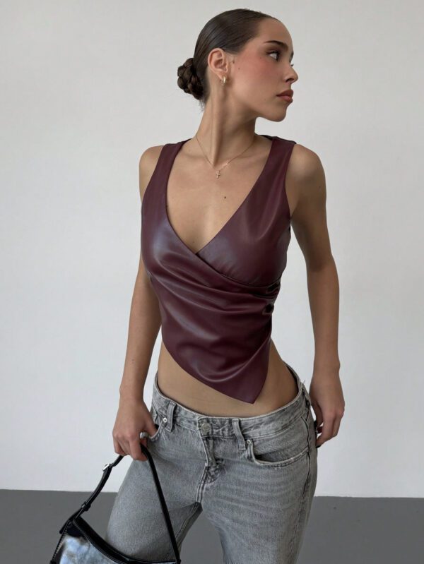 Aloruh Débardeur en PU rouge vin à taille asymétrique profond et sexy pour festival de musique et Noël, pour jeunes femmes