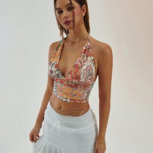 Aloruh Nouvelle arrivée élégant haut court sexy col en V profond décoré de nœud torsadé imprimé paisley