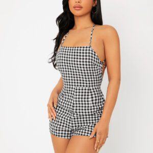 SHEIN PETITE Combishort à fines brides à carreaux dos-nu à lacets