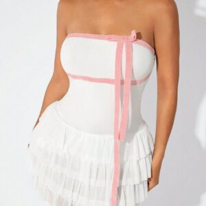 SHEIN SXY Combinaison courte minimaliste pour femmes, de couleur unie, avec patchwork et décoration en nœud, pour la Saint-Valentin