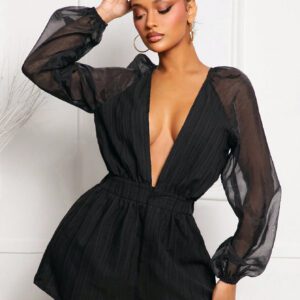 SHEIN SXY Combinaison-short mode et sexy pour femmes, encolure cache-cœur profondeà manches raglan, combinaison noire, combinaisons élégantes pour femmes