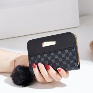 Portefeuille court pour femme avec motif géométrique, fermeture éclair décorée de pompons et poche à monnaie. Portable pour les employées de bureau, les femmes étudiantes, les professionnelles. Cadeau d'anniversaire, cadeau de la Saint-Valentin pour couple