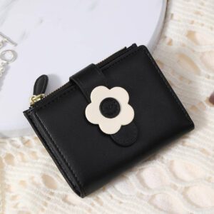 Petit portefeuille décoré de fleurs avec fermeture éclair, fin et léger, de style minimaliste moderne. Cadeau d'anniversaire, de fête des valentins, d'anniversaire pour un couple, une femme, une jeune fille, une dame. Décorations noires, accessoires pour petite entreprise. Meilleur cadeau pour professeur, copine, femme