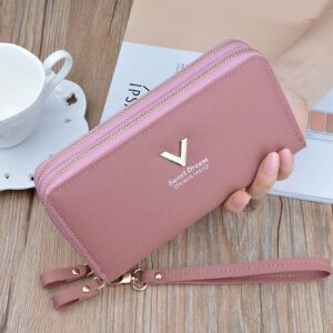 Nouveau portefeuille pour femmes Style moyen-long avec un design à la mode, double couche de fermeture éclair et dragonne amovible, adapté pour ranger des téléphones portables. Portefeuille rose chaud avec sangle de poignet