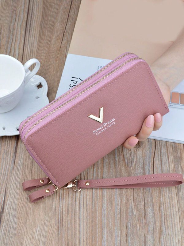 Nouveau portefeuille pour femmes Style moyen-long avec un design à la mode, double couche de fermeture éclair et dragonne amovible, adapté pour ranger des téléphones portables. Portefeuille rose chaud avec sangle de poignet