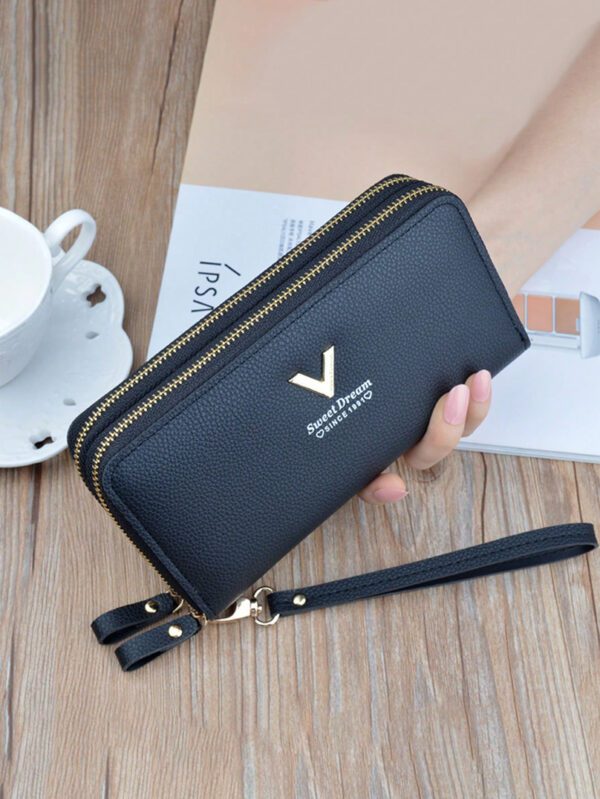 Nouveau portefeuille pour femmes Style moyen-long avec un design à la mode, double couche de fermeture éclair et dragonne amovible, adapté pour ranger des téléphones portables. Portefeuille rose chaud avec sangle de poignet – Image 2